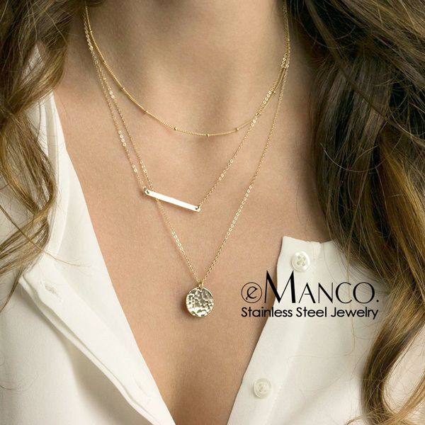 

e-manco trendy three layered necklace women stainless steel necklace for women simple chain choker jewelry, Silver