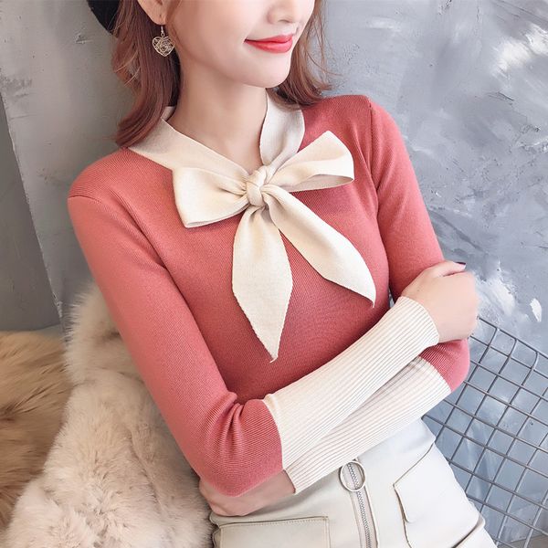 

женщина осенью и зимой внешняя одежда пуловер 2020 bow tie шеи свитер женщин моды диких слима свитер свитер, White;black