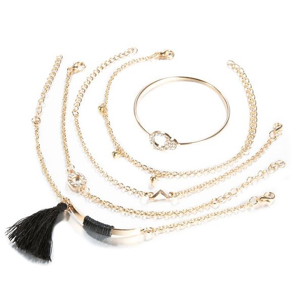 

5 pcs/ set vintage beads round geometry v shaped tassel pendant gold chain bracelet set combination, Black