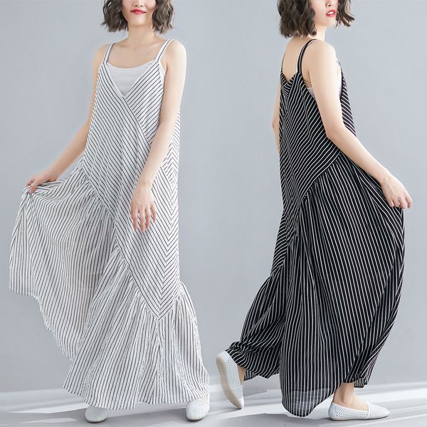 

2020 big size summer chiffon camisole wide leg pants casual cotton striped women's clothing one-piece wide-leg large loose pants, Black;white