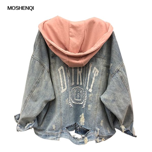 

moshenqi denim jacket women autumn coat ripped hooded outerwear coats windbreaker basic baggy boyfriend female jeans jacket, Black;brown