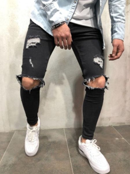 

8 styles men stretchy ripped skinny biker embroidery print jeans destroyed hole taped slim fit denim scratched jean, Blue