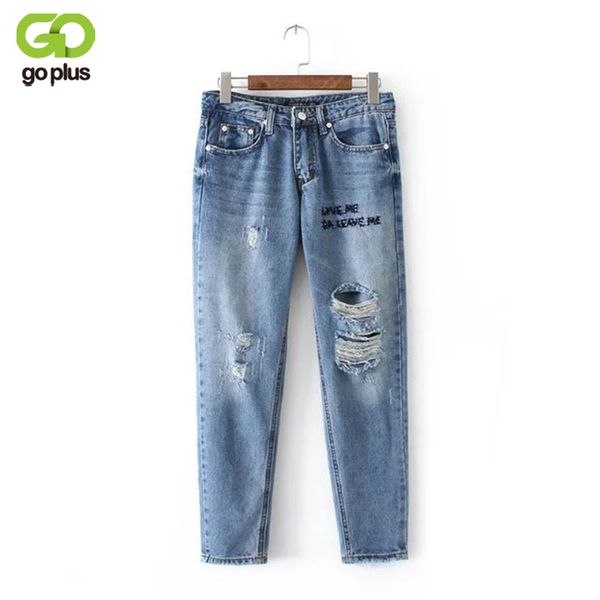 

2020 spring european and american style personality jeans letter ripped hole women harem capris jean oversized denim jeans c3797, Blue