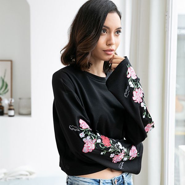 

zan.style women embroidered flare sleeve sweatshirts round collar flower printed hoodie casual spring pullovers short hoodies, Black