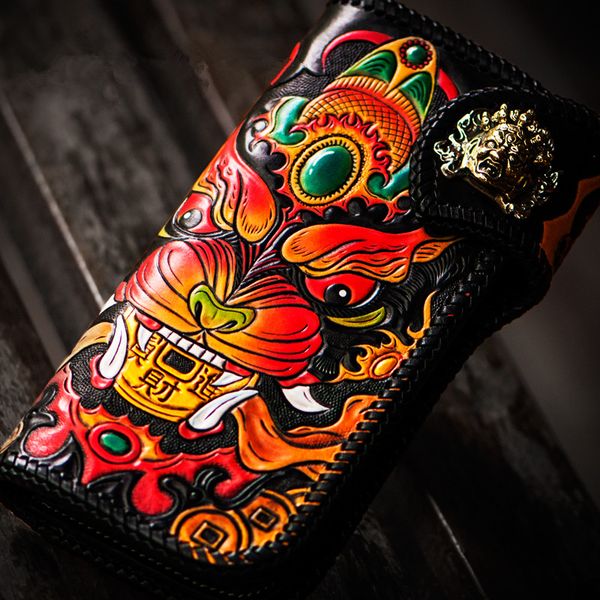 

handmade genuine leather wallets + chain carving lion hasp bag purses women long clutch vegetable tanned leather wallet, Red;black