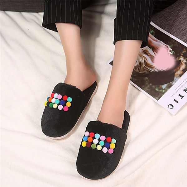 

new fashion women faux fur slippers winter fall warm cotton plush slipper candy color hair balls thermal fluffy bath slipper v8, Black