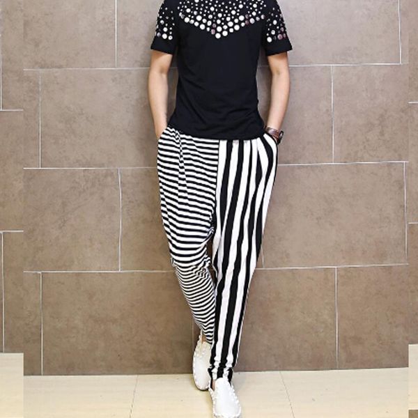 

homens listrado retalhos сделать панк хип-хоп шаровары гота ганчо мешковатые брюки homens boate кантор dj хип-хоп corredores calças, Black