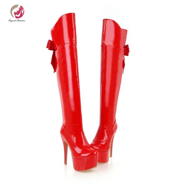 

original intention winter knee boots woman round toe thin heels boots woman bow knot patent leather sewing shoes plus size, Black