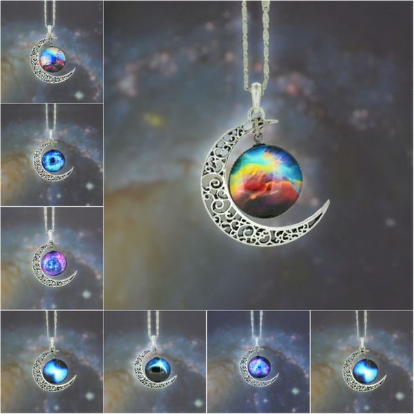 Moda rara argento vintage cielo stellato luna rotonda ciondolo collana spazio esterno universo collane gioielli pendenti