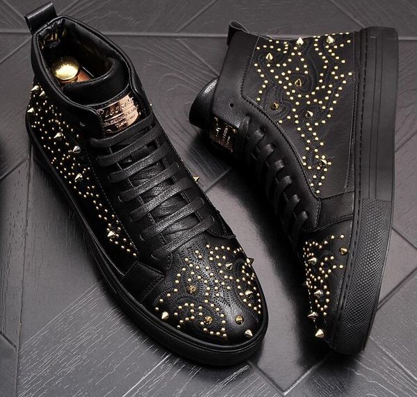 

italy designer rivet high men's shoes luxury men sneakers men hip hop casual shoes thick bottom rivets ankle boots, Black