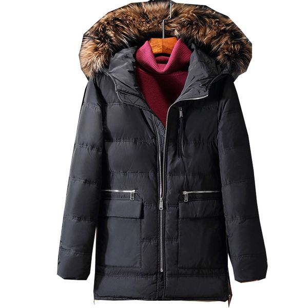 

add new brand clothing jackets thick keep warm men down jacket fur collar hooded down jacket winter coat male, Black