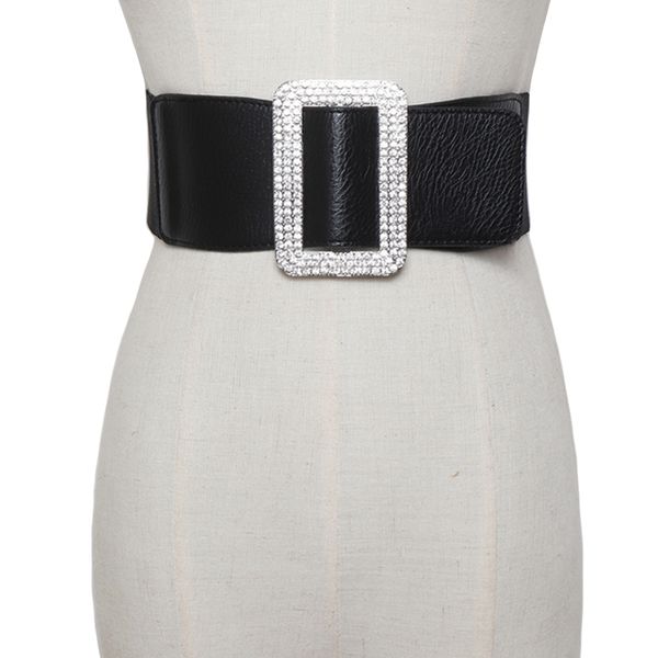 

luxury crystal female elastic wide waistband women bride rhinestone big metal buckle belts girdle dress strap belt, Black;brown