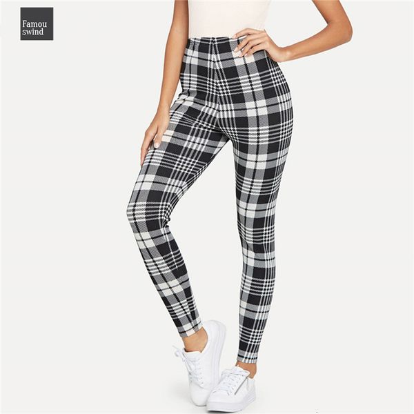 

модальные фитнес черные гетры и белый плед печати брюки середина талии тренировки осени женщины повседневные брюки и лосины, Black