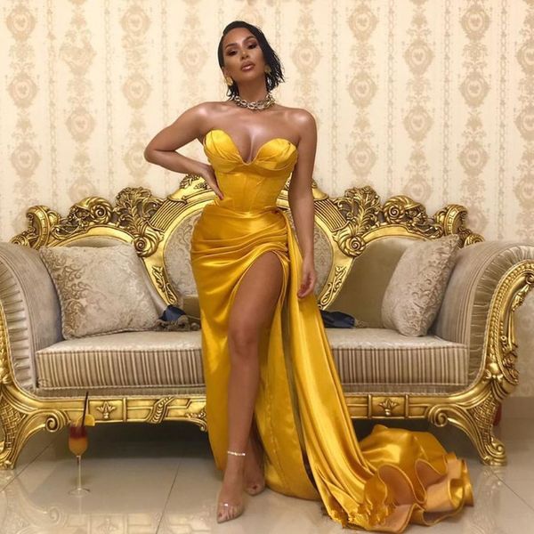 

yellow gold sweetheart satin mermaid split long prom dresses black girls ruched formal sweep train formal party evening gowns198n