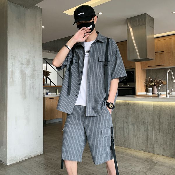

aiopeson summer stripes new mens suit clothing bottoms fashion trend slim shirt men shorts retro street suit men, Gray