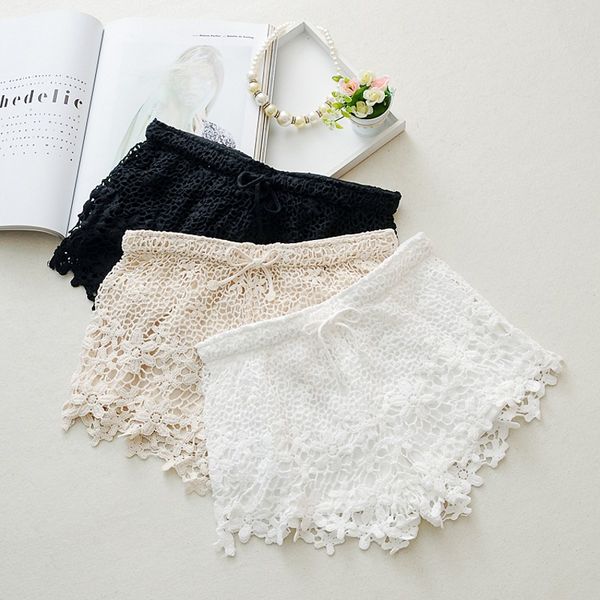 

women's shorts 2021 summer women lace crochet white color female fringed edge fashion beautiful, White;black