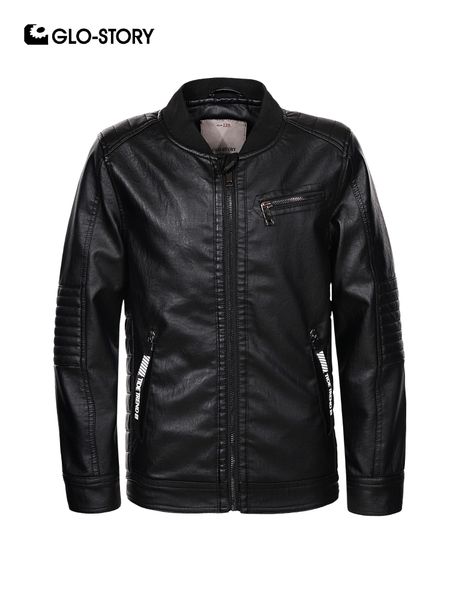 

glo-story 2019 spring kids solid faux leather jackets for boys children macaw coat bomber jackets 98-128 bpy-7835, Blue;gray