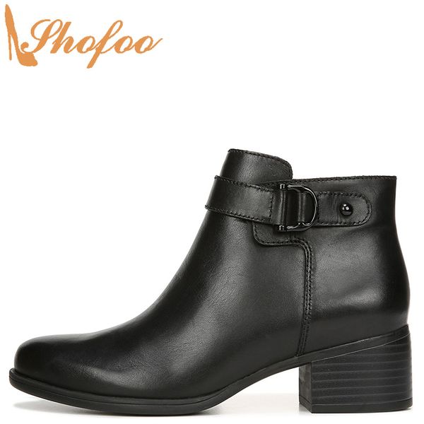 

black ankle boots med chunky heels woman round toe zipper booties large size 13 14 ladies winter fashion mature shoes shofoo