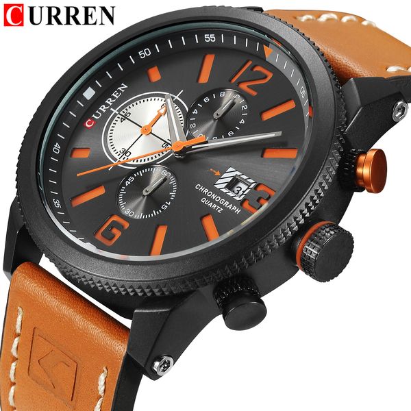 

fashion 2018 men's sports chronograph leather watches curren casual quartz waterproof wristwatch with calendar relogio masculino, Slivery;brown