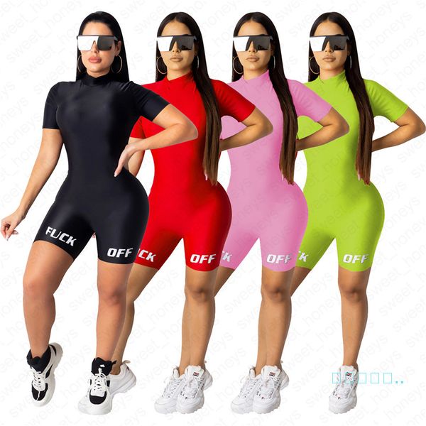 

women skinny jumpsuit fashion summer solid color one-pieces clothes sets casual letter printed short sleeve siamese shorts sportswear d42102, White