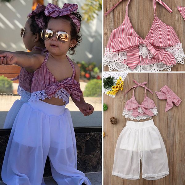 

pudcoco girl set 6m-5y new toddler girl sleeveless lace +wide leg pant clothes outfits set, White