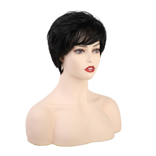 

10\" human hair short curly hair full wigs cosplay black resistant wig