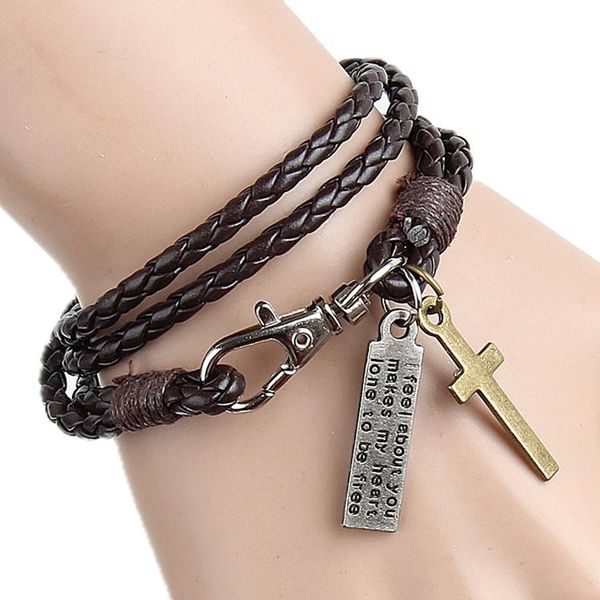 

men's bracelet stainless steel punk minimalism personality rock leather bracelet combination hanging cross leather, Black