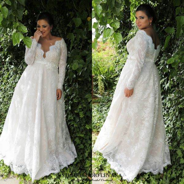 2020 Nova casamento Chegada Vestidos Lace Tulle Applique botão Plus Size Wedding Dresses Comprimento Pavimento comprimento longo V Neck Sashes vestidos de noiva