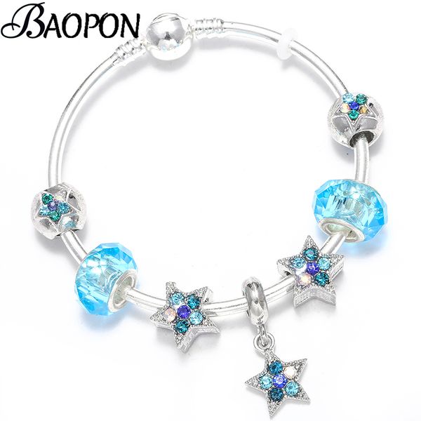 

baopon silver plated charm bracelets bangles with blue glass star beads fit fine bracelets for women lover jewelry gift, Golden;silver
