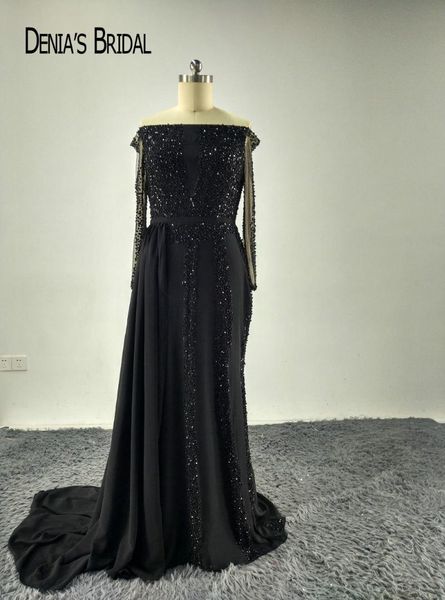 

2017 fashion black off the shoulder beaded long sleeve mermaid formal evening dresses with train, White;black