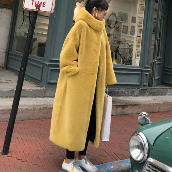 

heydress 2019 winter solid hooded women faux fur coats ladies thick warm outwear fur jackets female loose long overcoat, Black
