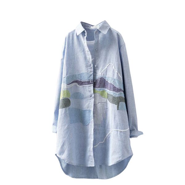 

women's blouses & shirts 2021 summer striped women blouse and long-sleeved loose blue printed vintage lady outwear coat, White