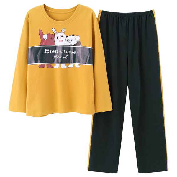 

jimiko woman cotton pajamas autumn long-sleeved pajamas suit cartoon printing round neck sleepwear 2 set of casual home clothing, Black;red