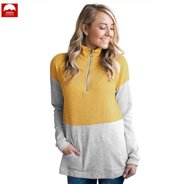 

zipper spring and autumn woman sweatshirt new slim fit fashion leisure splice two-tone long sleeve high collar s-xl nzc-047, Black