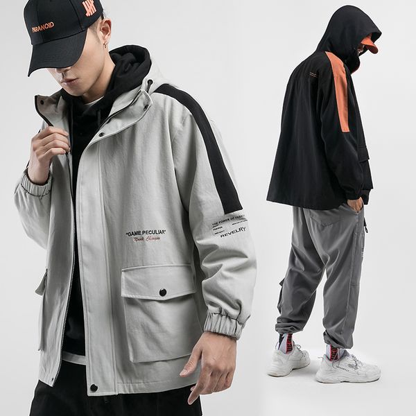 

2019 autumn new fashion japan style color patchwork printed mens hooded jackets street casual male safari outerwear, Black;brown