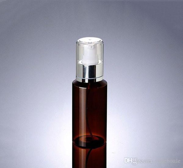 

empty 100ml brown plastic lotion pump serum bottles, amber bottle with bright silver lotion pump