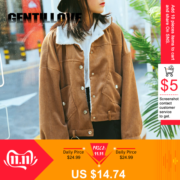 

women winter jacket thick fur lined coats parkas fashion faux fur lining corduroy bomber jackets female cute outwear brown green, Black;brown