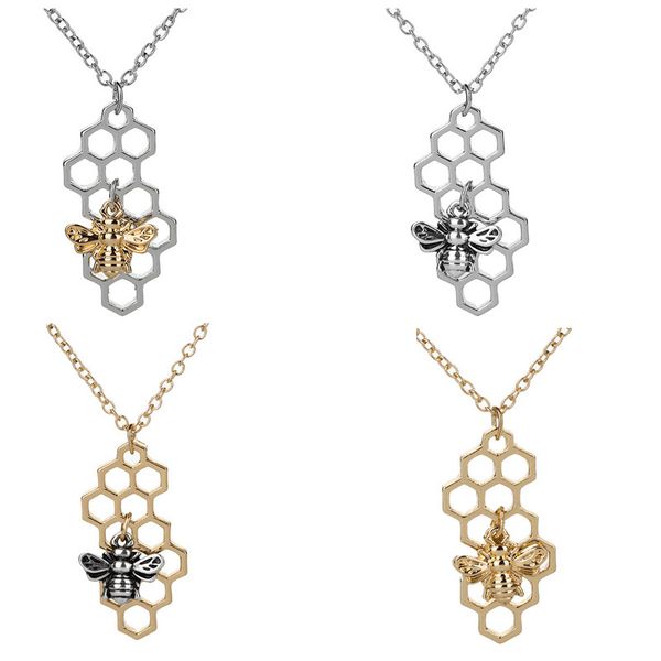 Hive Halsketten Silber Gold Biene auf der Wabe Halsketten Anhänger Charm individueller Schmuck Mode Tier geometrische Halskette