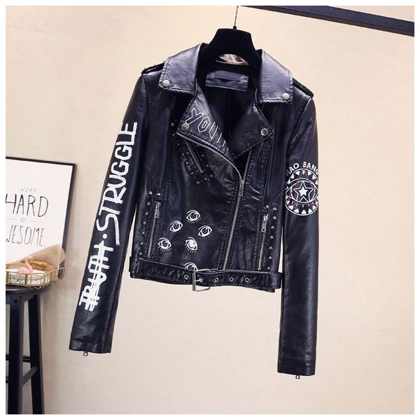 

Fashion Womens Punk Wind Lapel Jacket Women's Pu Leather Printing Motorcycle Jacket Coats Designer Women Rivet Short Coat S-XL Wholesale