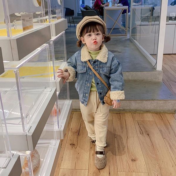 

baby girls jackets korean fashion thicken lambswool denim jacket toddler kids clothing 2 3 4 5 6 y child outerwear new arrival, Blue;gray
