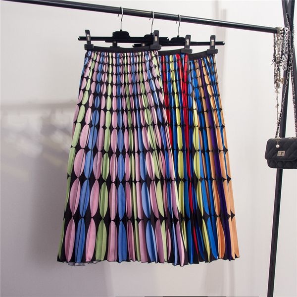 

2019 new fashion high waist pleated skirts women summer midi skirts geometric printed elastic a line long femme, Black
