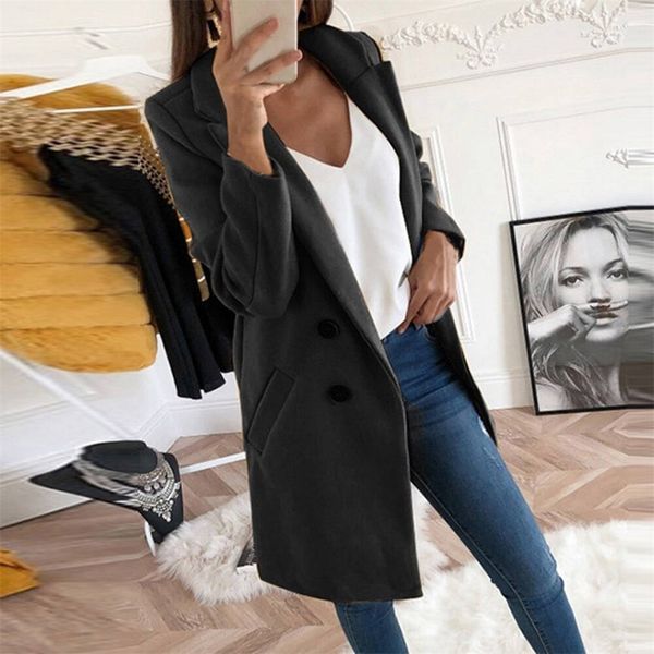 

women woolen coat solid color lapel long sleeve button coat casual ik88, Black