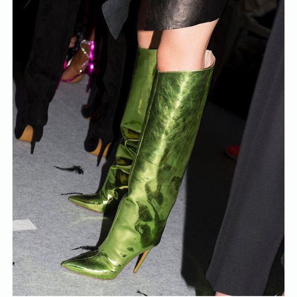 

runway women shoes mirror metallic knee high green leather thigh high boots summer autumn women boots pointy toe heels, Black