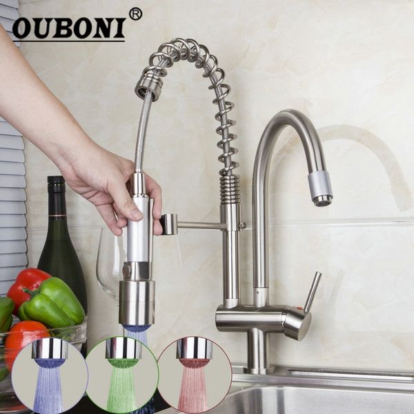 

ouboni pull up down kitchen faucet brushed nickel led light swivel sink basin brass torneira cozinha tap mixer faucets