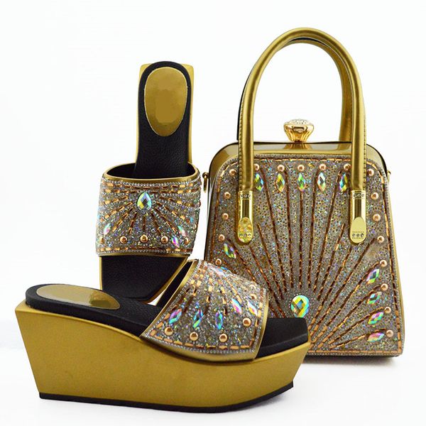 

most popular gold women boat shoes match handbag set with colorful rhinestone decoration african pumps and bag for dress md009,heel 9cm, Black