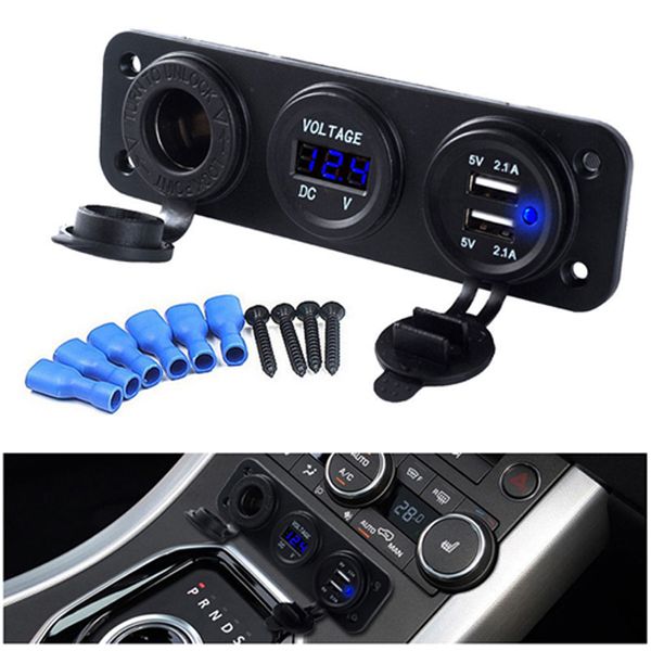 

dual usb 12v/24v car charger motorcycle dual usb adaptor + cigarette lighter socket led + digital voltmeter mobile phone