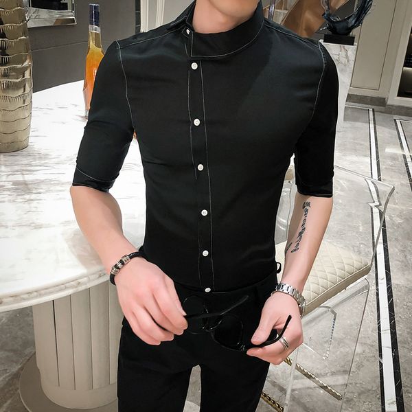 

casual slim fit short sleeve dress shirts streetwear balck white shirt camisa social masculina 2020 summer personality men shirt, White;black