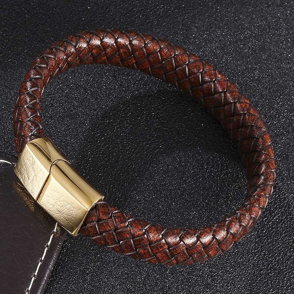 

trendy vintage brown braided leather bracelet fashion jewelry 3 colors stainless steel magnetic buckle male wrist band gifts 450, Golden;silver