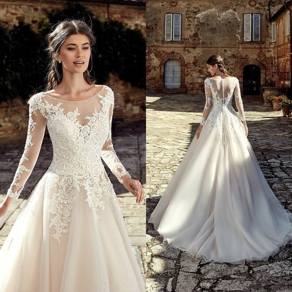 

new arrival a line wedding dresses sheer scoop neck long sleeves tulle lace appliques sweep train plus size bridal gowns, White