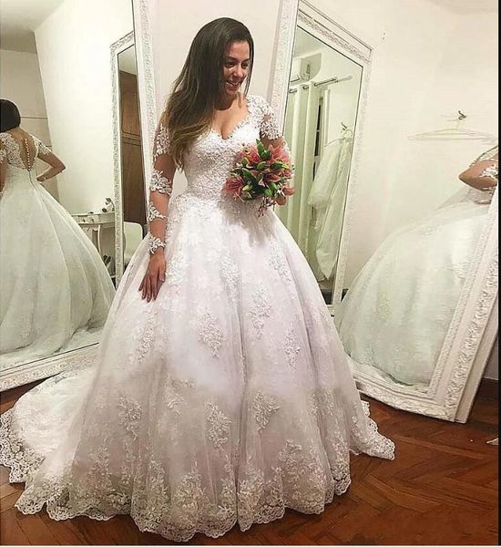 

white tulle fabric v neck long illusion sleeve princess cut short train bridal gowns lace wedding dress in uk arabic wedding dress online